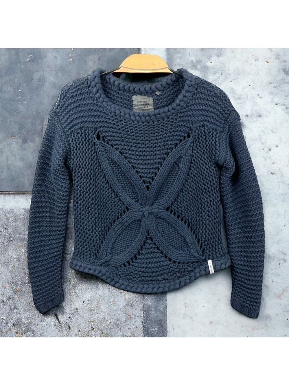 ** Superdry Navy Shuriken 4pt Chunky Knit Cotton Blend Bateau Neck Sweater US S